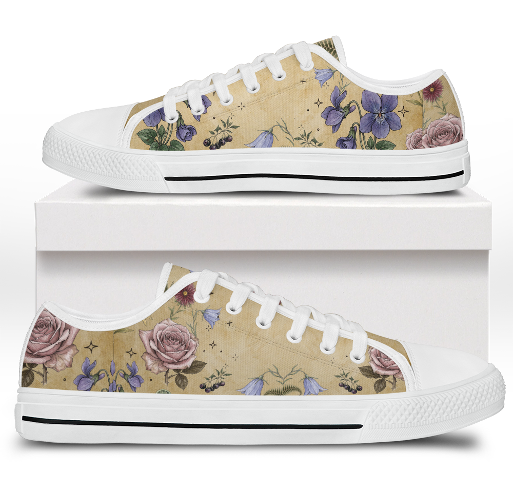 Herbarium Low Tops - vintage watercolor botanicals on parchment tan featuring violets, roses, harebells, and berries