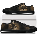 Corvus Low Tops - sepia gothic ravens perched on an open grimoire amid vintage botanical vines and blossoms