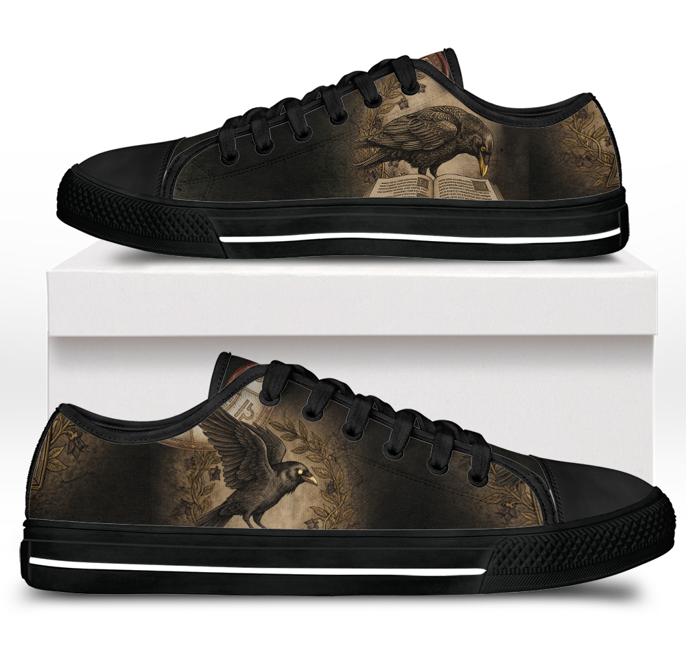 Corvus Low Tops - sepia gothic ravens perched on an open grimoire amid vintage botanical vines and blossoms