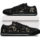 Mycelia Low Tops - sepia engraving on black featuring amanita cap, chanterelles, snail, vines, and moons