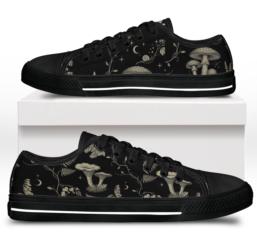 Mycelia Low Tops - sepia engraving on black featuring amanita cap, chanterelles, snail, vines, and moons