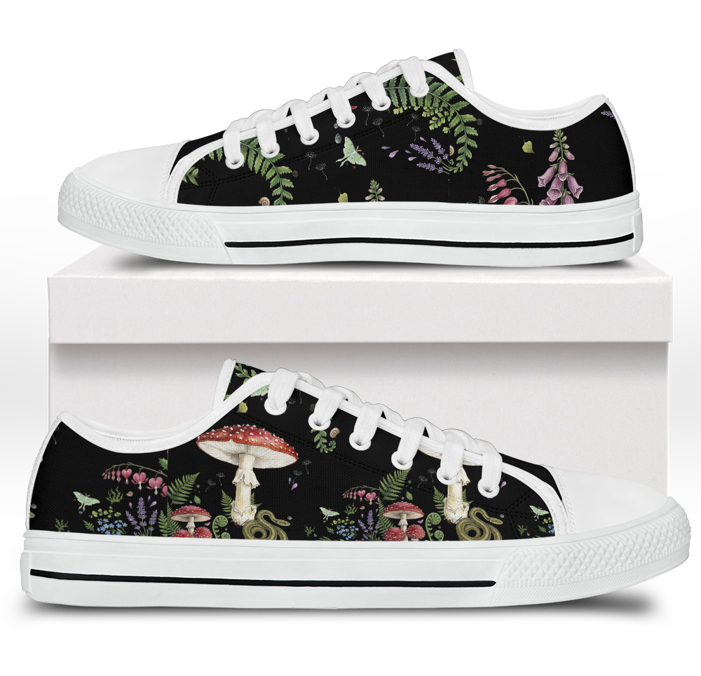Digitalis Low Tops - vivid watercolor on black featuring fly agaric, bleeding hearts, foxglove, luna moths, and ferns