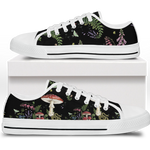Digitalis Low Tops - vivid watercolor on black featuring fly agaric, bleeding hearts, foxglove, luna moths, and ferns