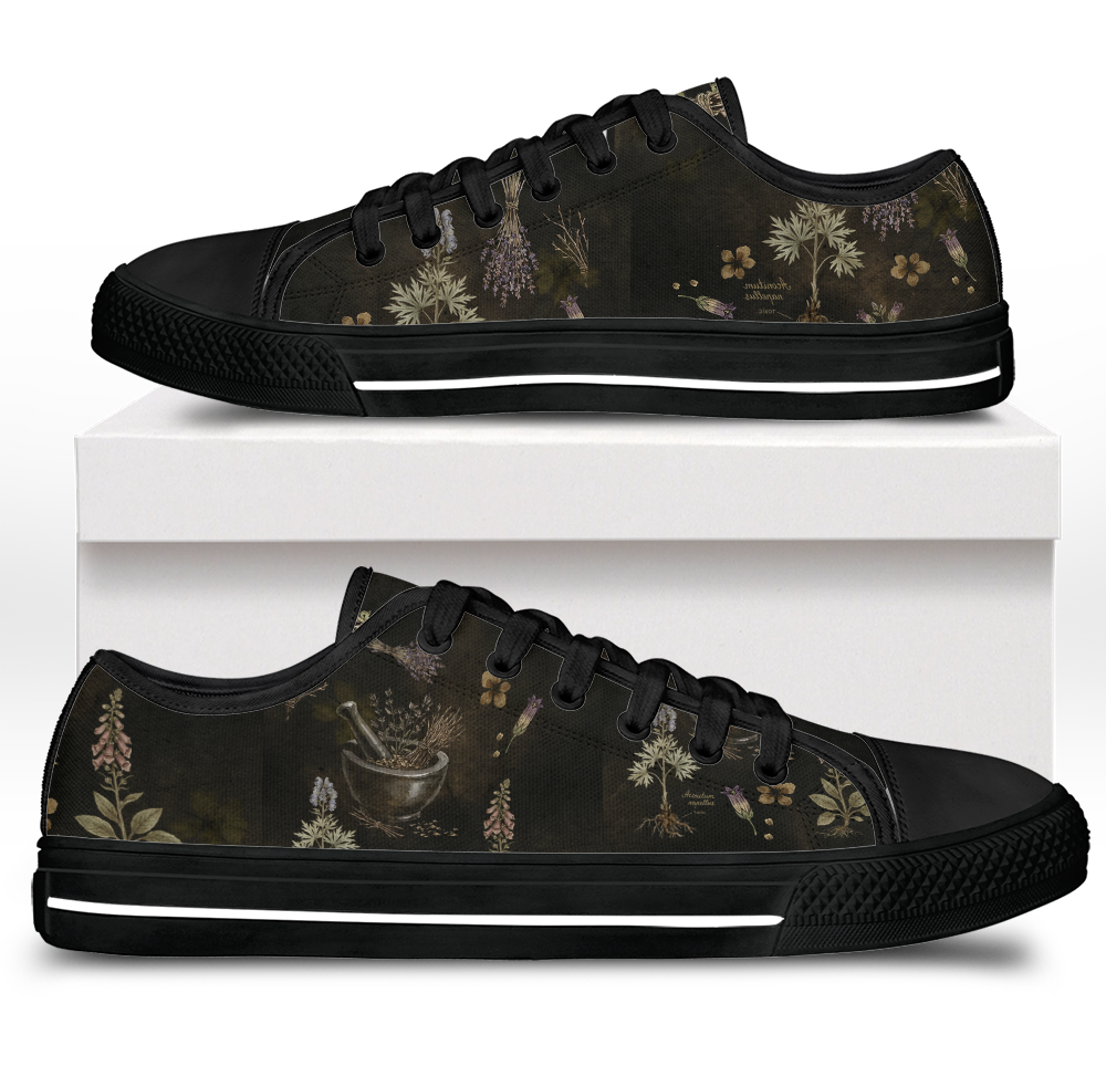 Belladonna Low Tops - dark apothecary plates on dark olive featuring herb specimens, mortar & pestle, and lavender