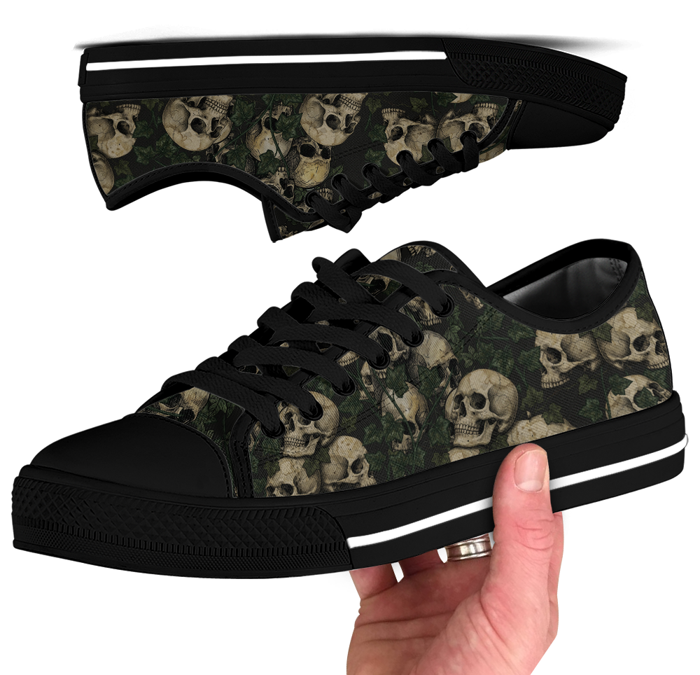 Ossuary Low Tops - clustered skulls entwined with dark ivy vines on a black ground