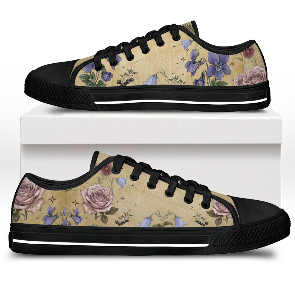 Herbarium Low Tops - vintage watercolor botanicals on parchment tan featuring violets, roses, harebells, and berries