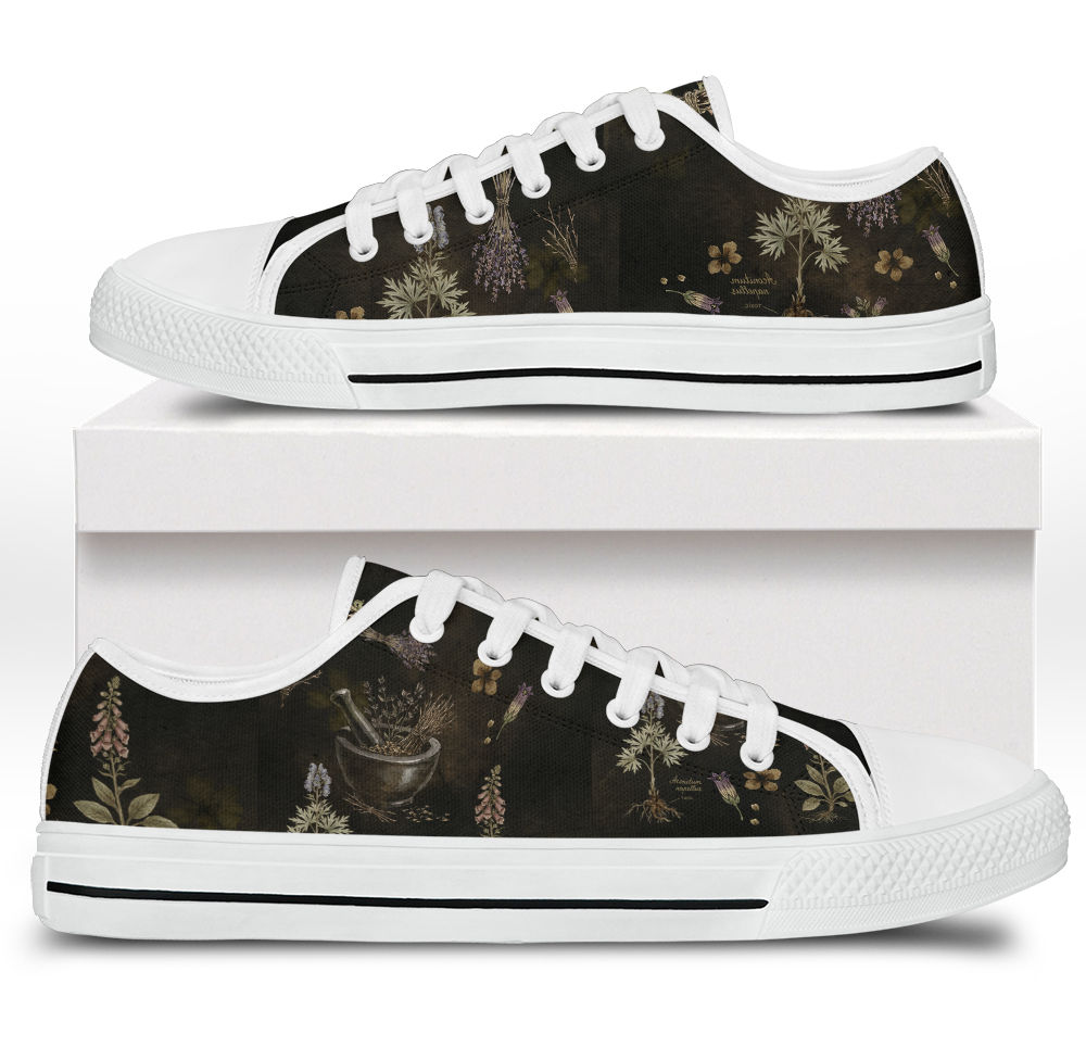 Belladonna Low Tops - dark apothecary plates on dark olive featuring herb specimens, mortar & pestle, and lavender