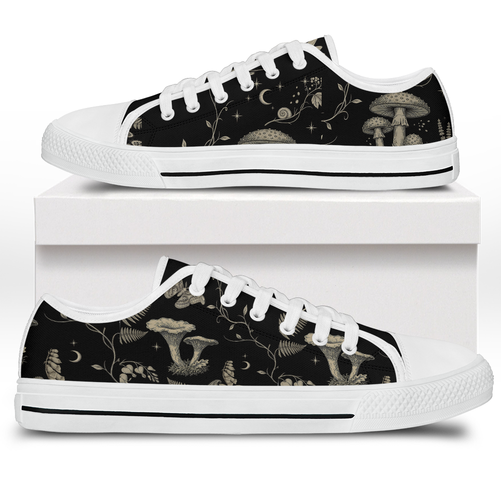 Mycelia Low Tops - sepia engraving on black featuring amanita cap, chanterelles, snail, vines, and moons