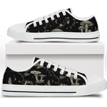 Mycelia Low Tops - sepia engraving on black featuring amanita cap, chanterelles, snail, vines, and moons
