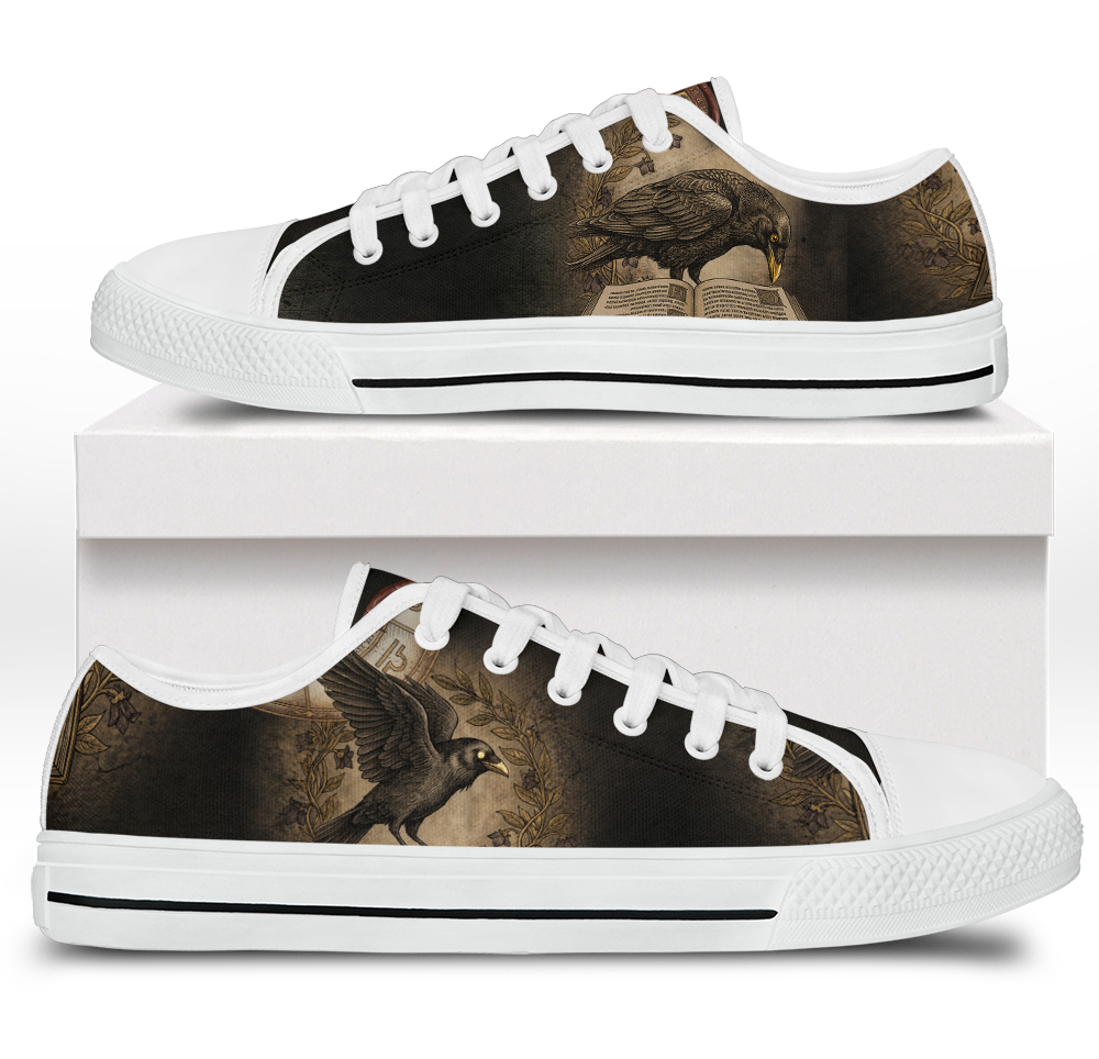 Corvus Low Tops - sepia gothic ravens perched on an open grimoire amid vintage botanical vines and blossoms
