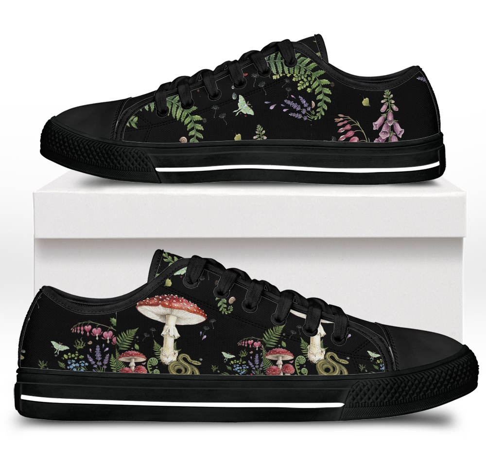 Digitalis Low Tops - vivid watercolor on black featuring fly agaric, bleeding hearts, foxglove, luna moths, and ferns