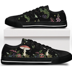 Digitalis Low Tops - vivid watercolor on black featuring fly agaric, bleeding hearts, foxglove, luna moths, and ferns