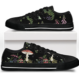 Digitalis Low Tops - vivid watercolor on black featuring fly agaric, bleeding hearts, foxglove, luna moths, and ferns