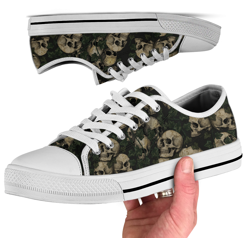 Ossuary Low Tops - clustered skulls entwined with dark ivy vines on a black ground
