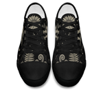 Mycelia Low Tops - sepia engraving on black featuring amanita cap, chanterelles, snail, vines, and moons