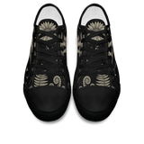 Mycelia Low Tops - sepia engraving on black featuring amanita cap, chanterelles, snail, vines, and moons