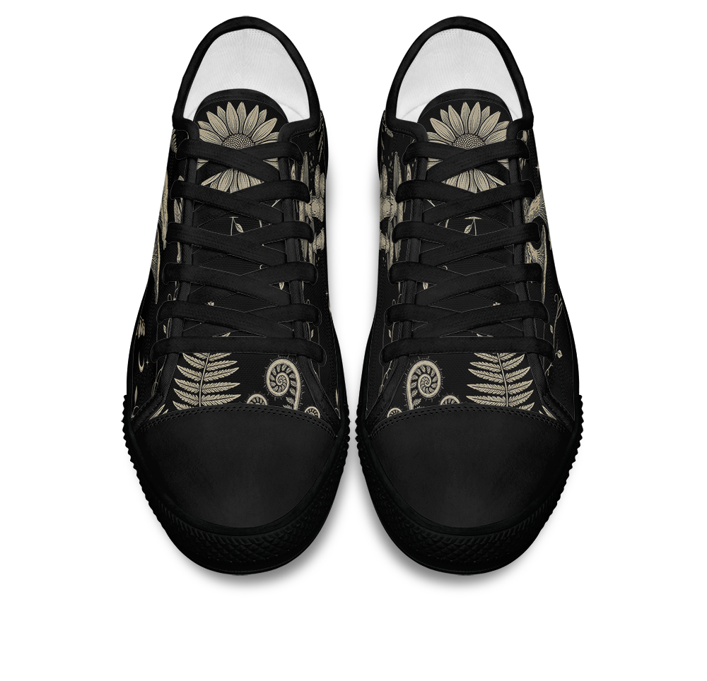 Mycelia Low Tops - sepia engraving on black featuring amanita cap, chanterelles, snail, vines, and moons