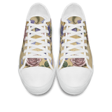 Herbarium Low Tops - vintage watercolor botanicals on parchment tan featuring violets, roses, harebells, and berries