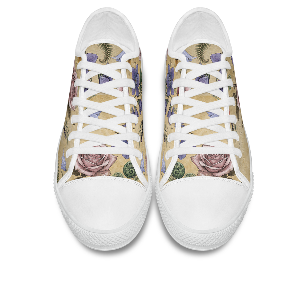 Herbarium Low Tops - vintage watercolor botanicals on parchment tan featuring violets, roses, harebells, and berries