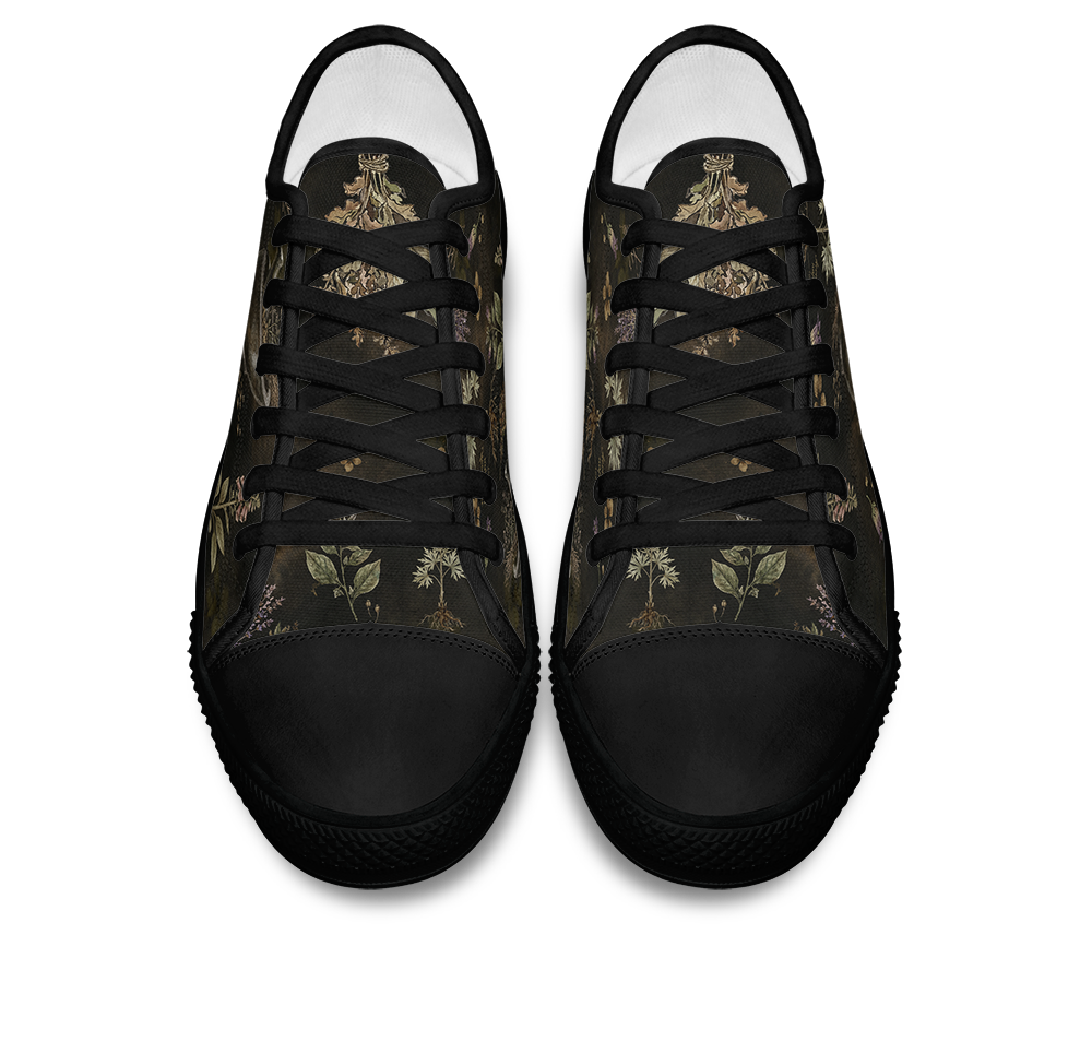 Belladonna Low Tops - dark apothecary plates on dark olive featuring herb specimens, mortar & pestle, and lavender