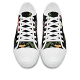 Digitalis Low Tops - vivid watercolor on black featuring fly agaric, bleeding hearts, foxglove, luna moths, and ferns