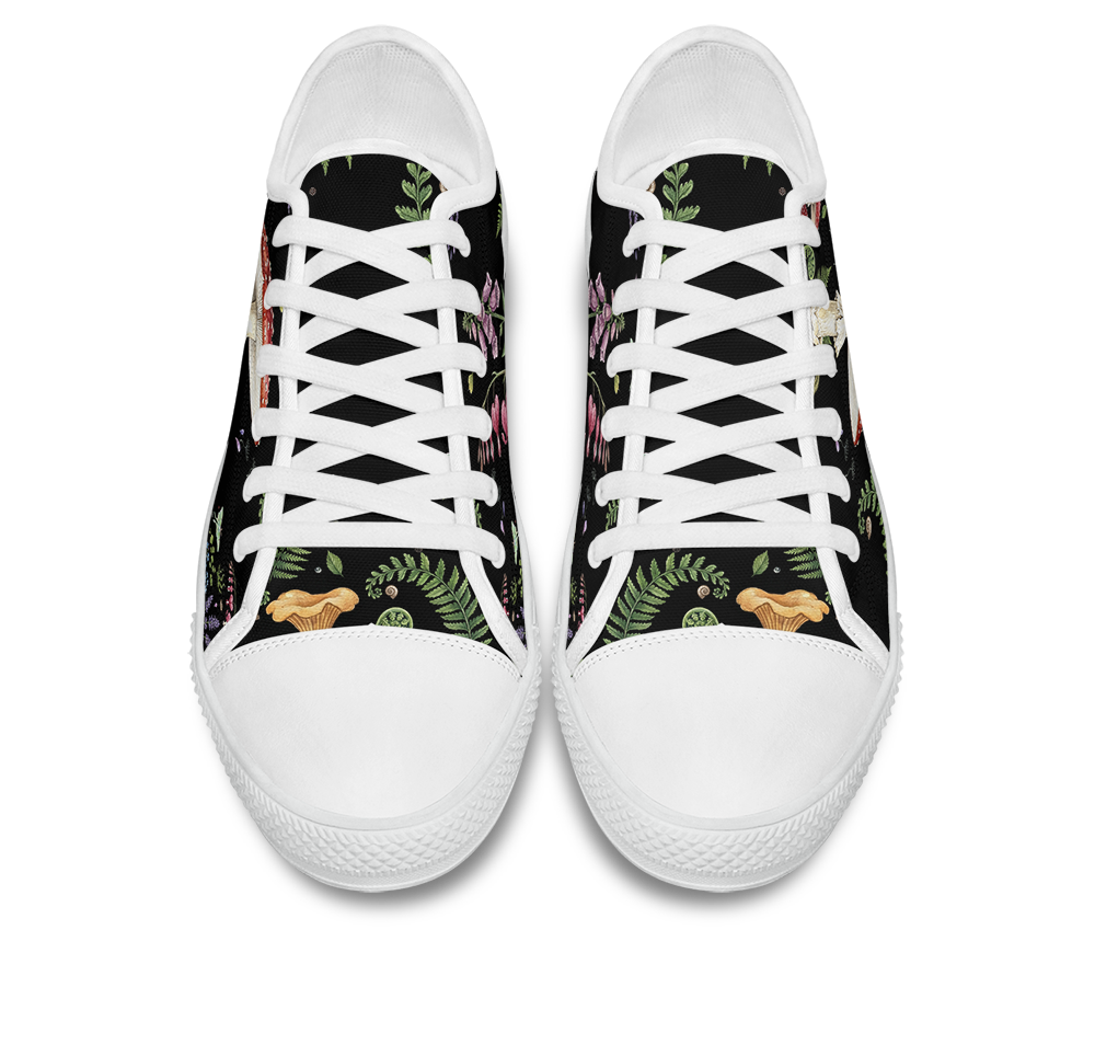 Digitalis Low Tops - vivid watercolor on black featuring fly agaric, bleeding hearts, foxglove, luna moths, and ferns