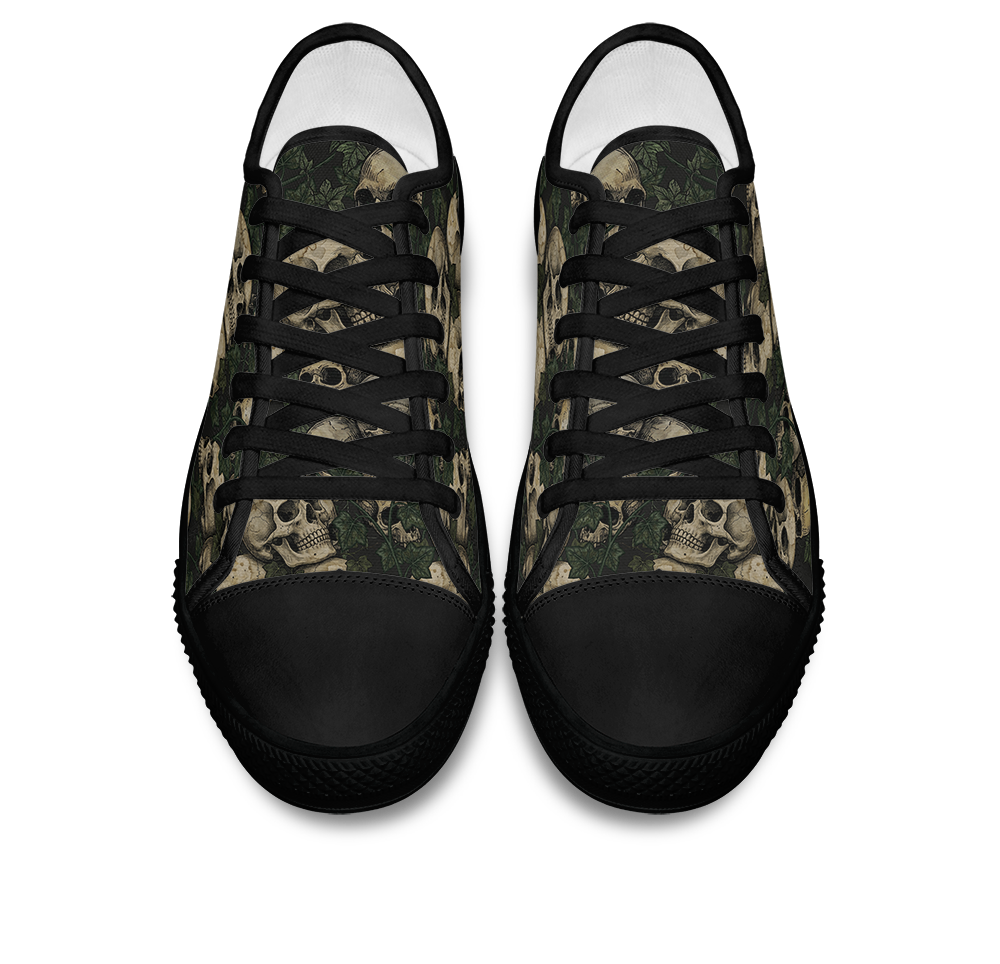 Ossuary Low Tops - clustered skulls entwined with dark ivy vines on a black ground