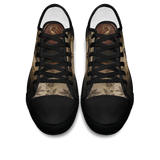 Corvus Low Tops - sepia gothic ravens perched on an open grimoire amid vintage botanical vines and blossoms