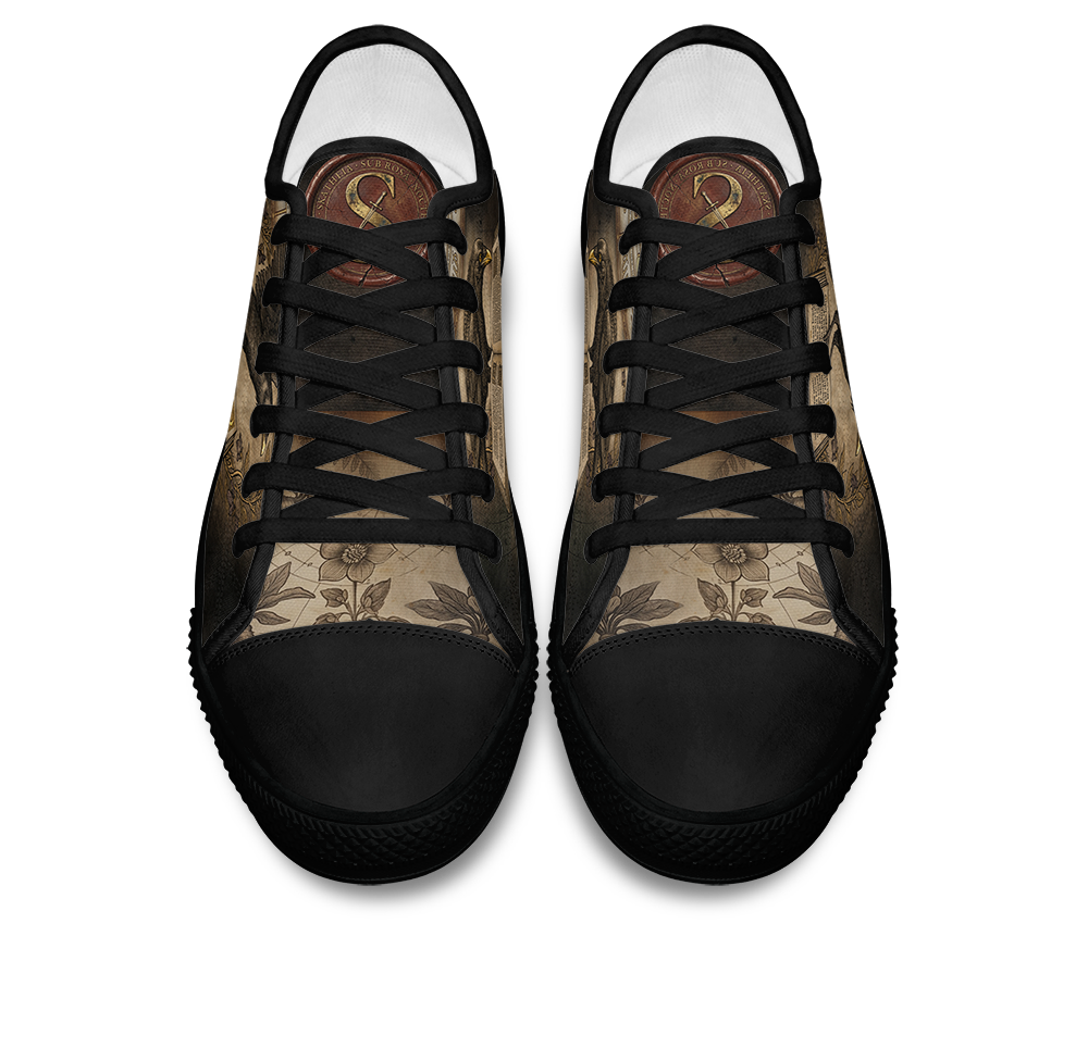 Corvus Low Tops - sepia gothic ravens perched on an open grimoire amid vintage botanical vines and blossoms