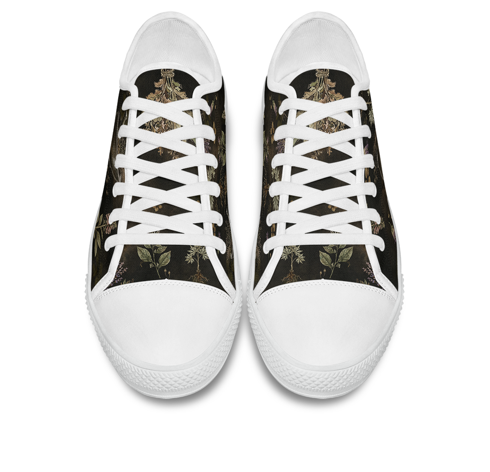 Belladonna Low Tops - dark apothecary plates on dark olive featuring herb specimens, mortar & pestle, and lavender