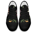 Digitalis Low Tops - vivid watercolor on black featuring fly agaric, bleeding hearts, foxglove, luna moths, and ferns