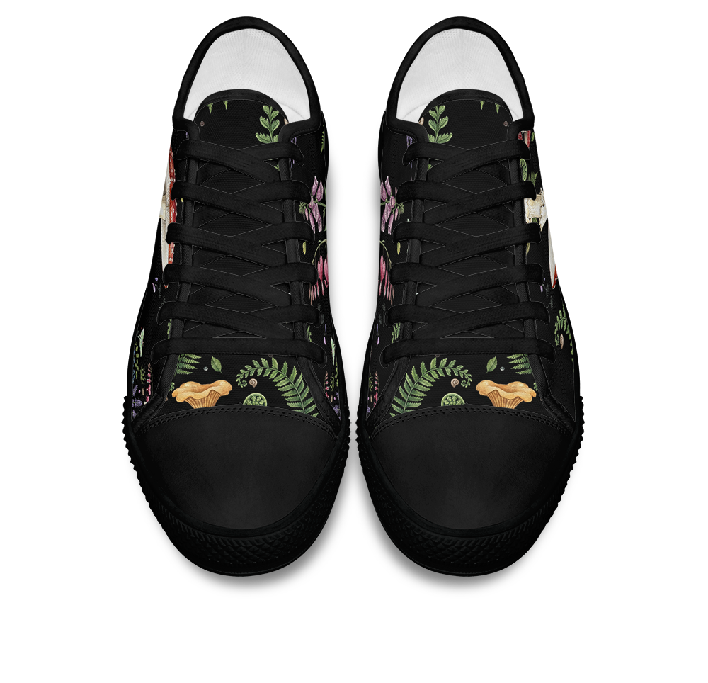 Digitalis Low Tops - vivid watercolor on black featuring fly agaric, bleeding hearts, foxglove, luna moths, and ferns