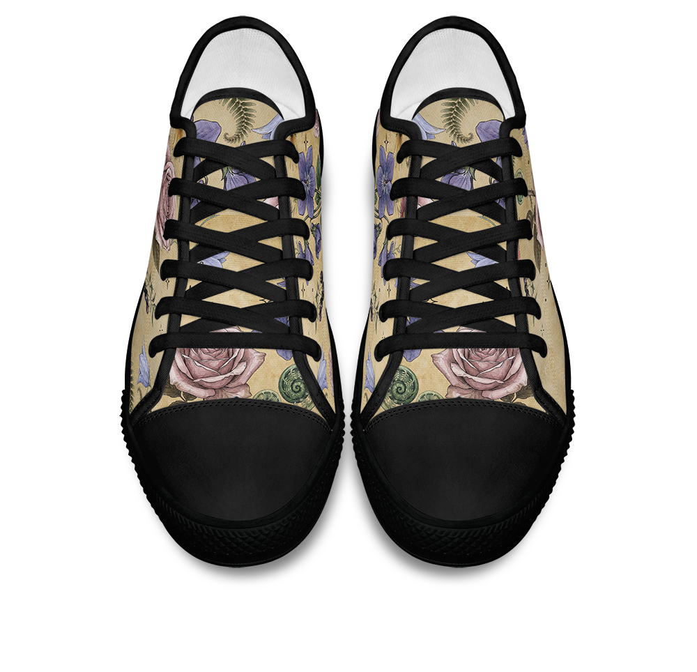 Herbarium Low Tops - vintage watercolor botanicals on parchment tan featuring violets, roses, harebells, and berries