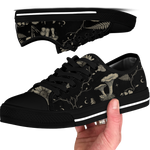 Mycelia Low Tops - sepia engraving on black featuring amanita cap, chanterelles, snail, vines, and moons