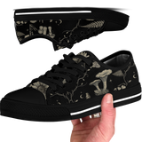 Mycelia Low Tops - sepia engraving on black featuring amanita cap, chanterelles, snail, vines, and moons