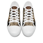 Corvus Low Tops - sepia gothic ravens perched on an open grimoire amid vintage botanical vines and blossoms