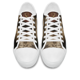 Corvus Low Tops - sepia gothic ravens perched on an open grimoire amid vintage botanical vines and blossoms