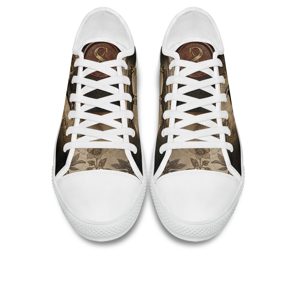 Corvus Low Tops - sepia gothic ravens perched on an open grimoire amid vintage botanical vines and blossoms
