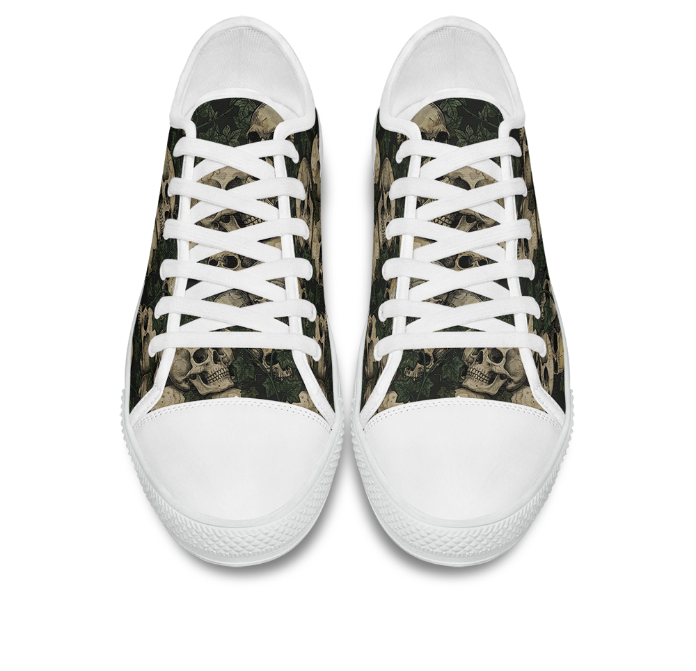 Ossuary Low Tops - clustered skulls entwined with dark ivy vines on a black ground
