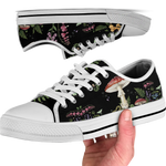 Digitalis Low Tops - vivid watercolor on black featuring fly agaric, bleeding hearts, foxglove, luna moths, and ferns