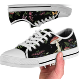 Digitalis Low Tops - vivid watercolor on black featuring fly agaric, bleeding hearts, foxglove, luna moths, and ferns