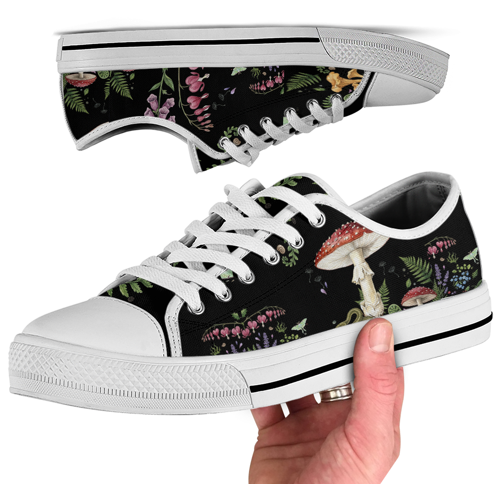 Digitalis Low Tops - vivid watercolor on black featuring fly agaric, bleeding hearts, foxglove, luna moths, and ferns