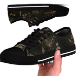 Belladonna Low Tops - dark apothecary plates on dark olive featuring herb specimens, mortar & pestle, and lavender