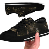 Belladonna Low Tops - dark apothecary plates on dark olive featuring herb specimens, mortar & pestle, and lavender