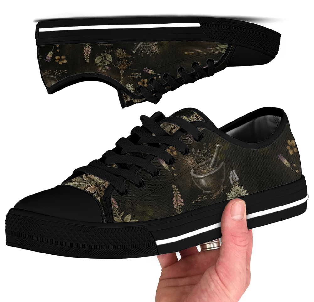 Belladonna Low Tops - dark apothecary plates on dark olive featuring herb specimens, mortar & pestle, and lavender