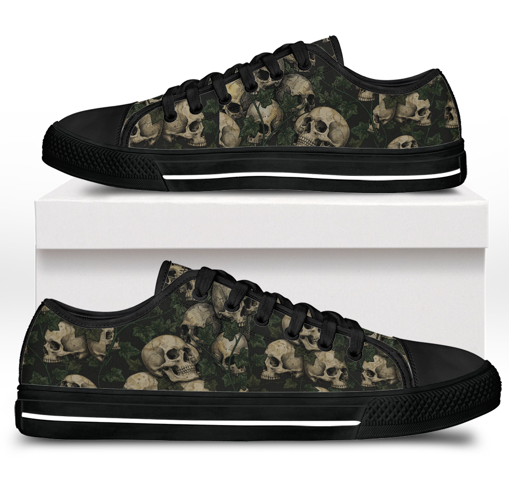 Ossuary Low Tops - clustered skulls entwined with dark ivy vines on a black ground