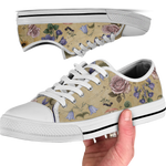 Herbarium Low Tops - vintage watercolor botanicals on parchment tan featuring violets, roses, harebells, and berries