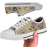 Herbarium Low Tops - vintage watercolor botanicals on parchment tan featuring violets, roses, harebells, and berries