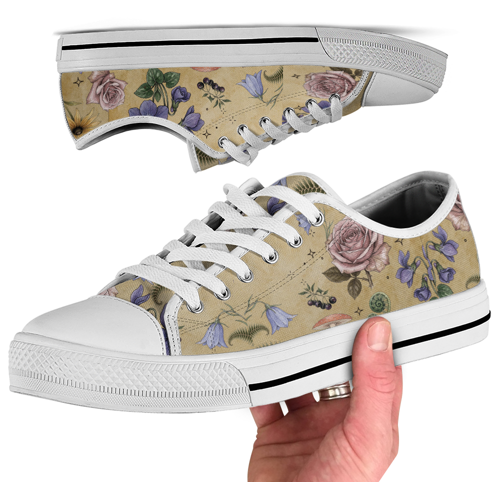 Herbarium Low Tops - vintage watercolor botanicals on parchment tan featuring violets, roses, harebells, and berries