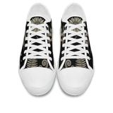 Mycelia Low Tops - sepia engraving on black featuring amanita cap, chanterelles, snail, vines, and moons